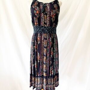 Bila Maxi Dress Blue Keyhole Tie Neck Sleeveless Floral Smocked Waist Pull on L